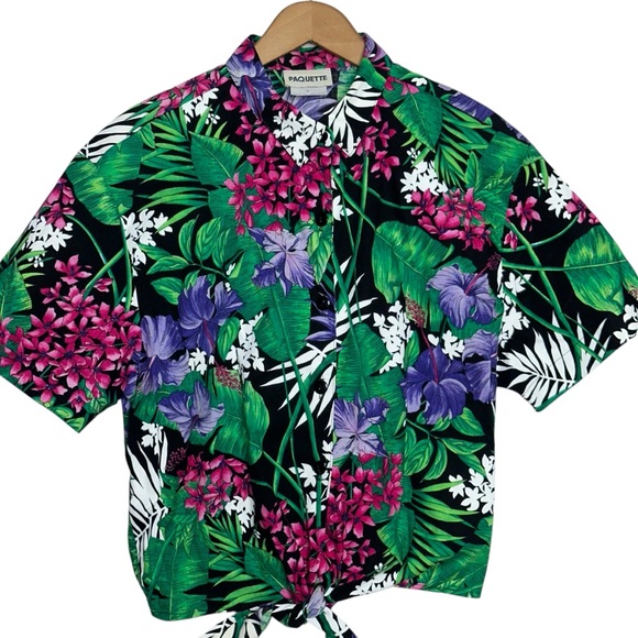 Vintage 90s Paquette Tropical Front Tie Button Up Shirt Large - Picture 3 of 8